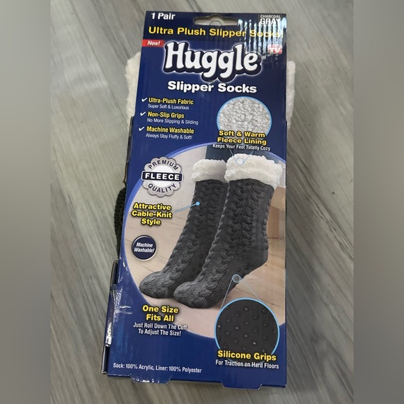 NWT HUGGLE SLIPPER SOCKS Premium Fleece Non-Slip Grips Charcoal Gray Women OS - Picture 6 of 8